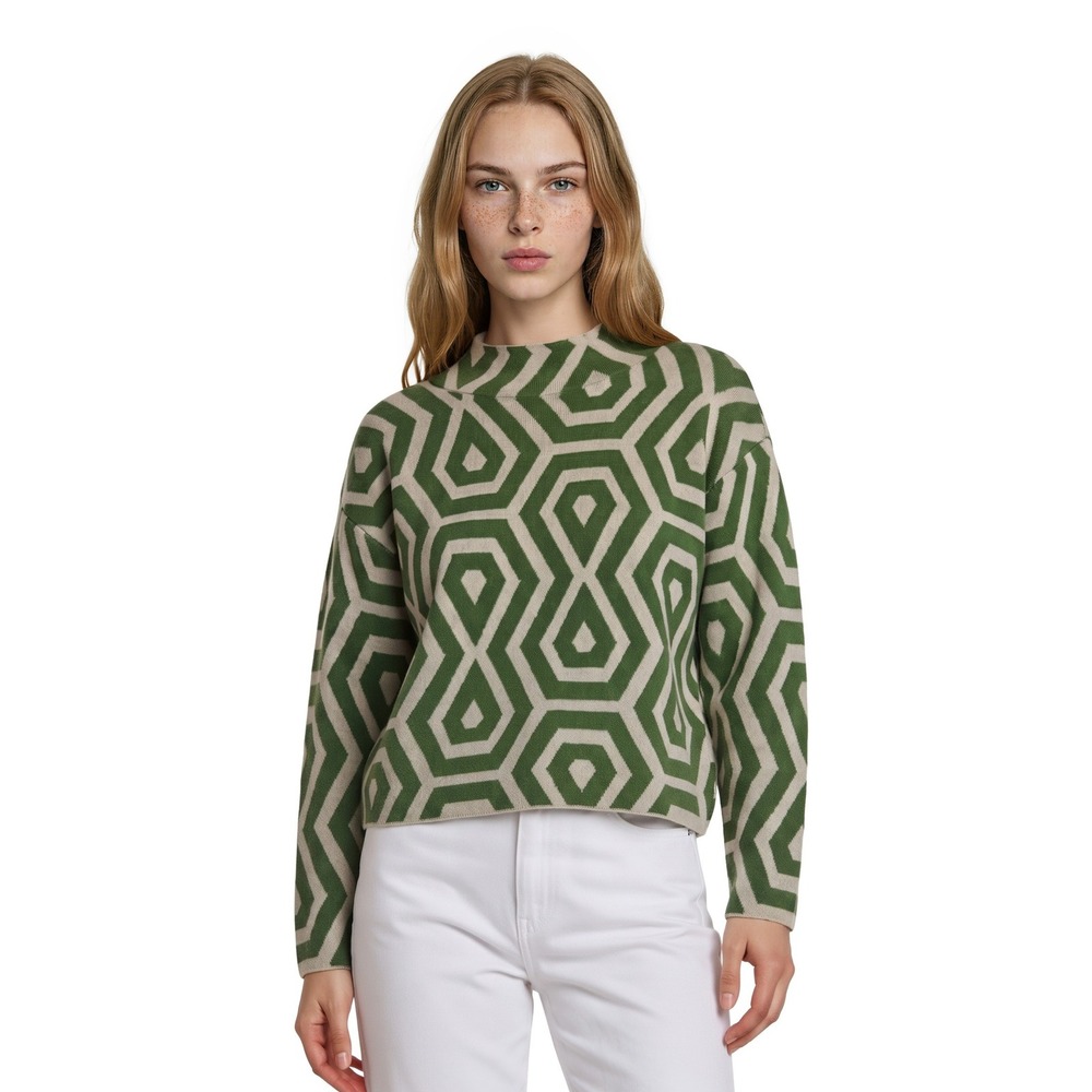 Maeve Anthropologie Sweater Women's Size Small Green Cream Geometric Mock Neck